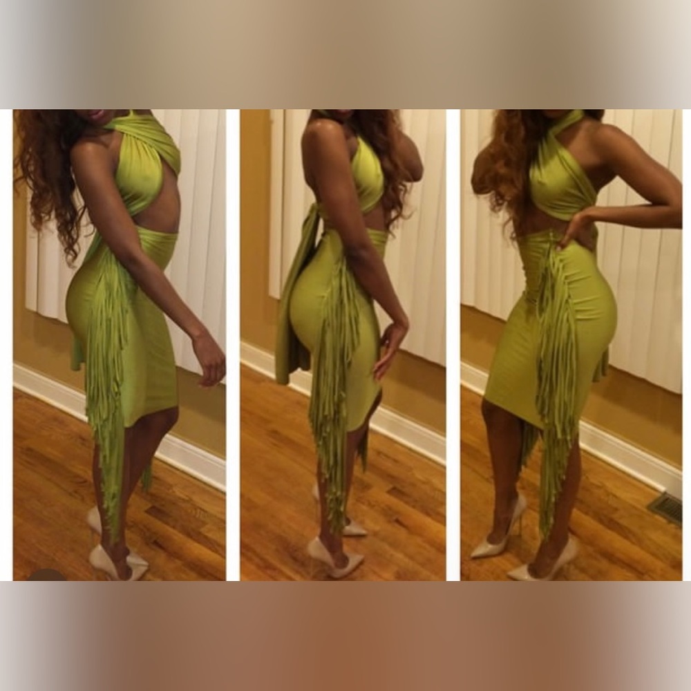 2pc Fringe Skirt Set with Convertible Wrap Top, Size XS